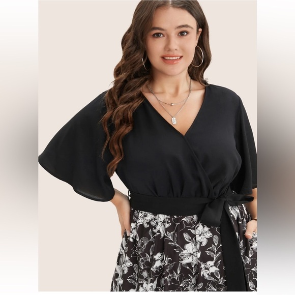 BloomChic Plus Size Floral Patchwork Pocket Belt Surplice Neck Ruffle Hem Dress - Picture 3 of 9